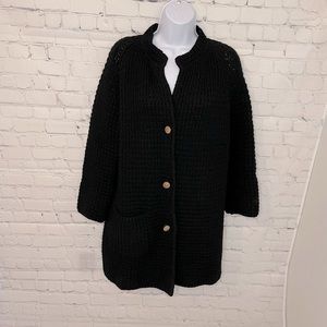 Vintage Long Black Wool Sweater with Wood Buttons Size Medium - See Measurements